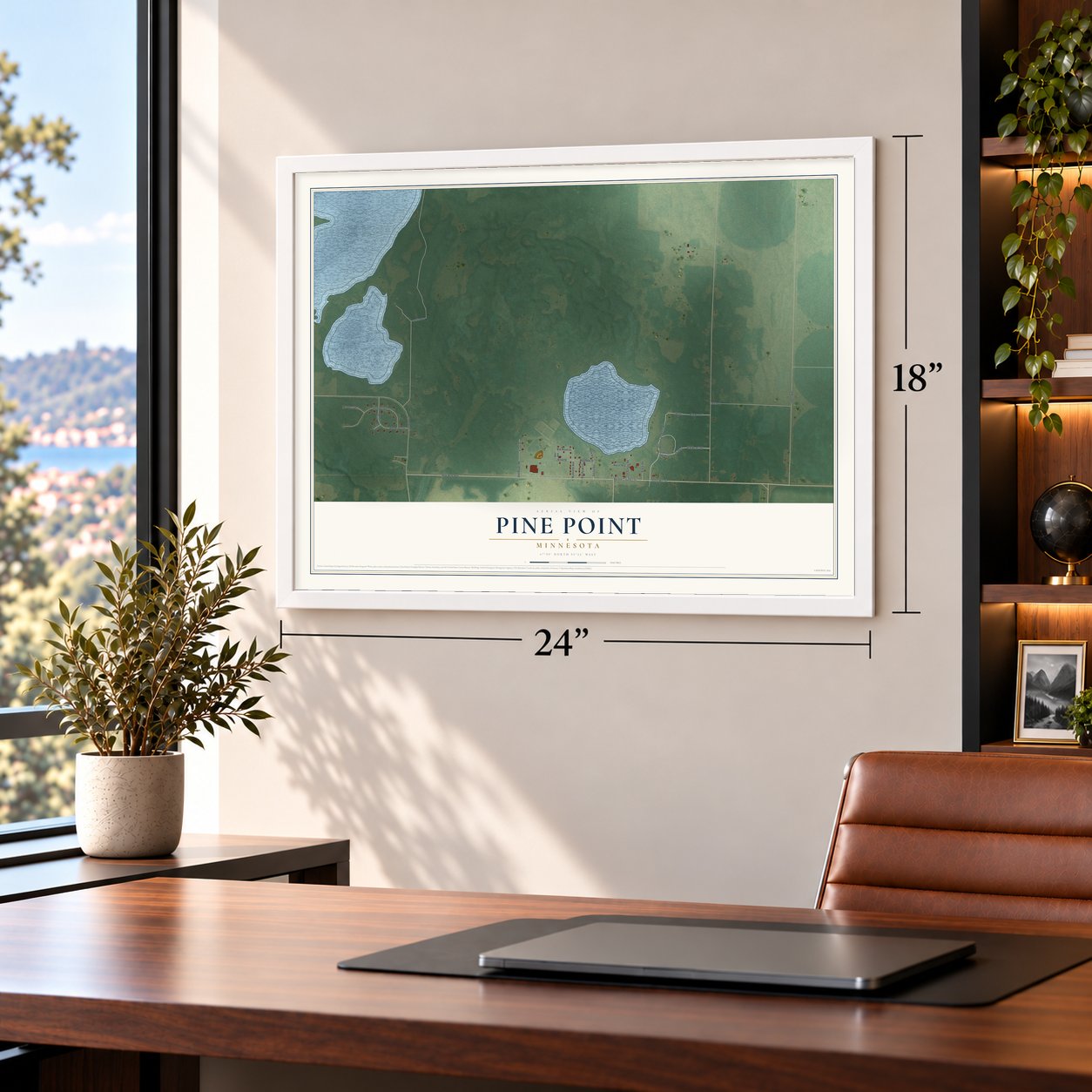 Pine Point, Minnesota map, 18 x 24 inch print in a white frame in a home office