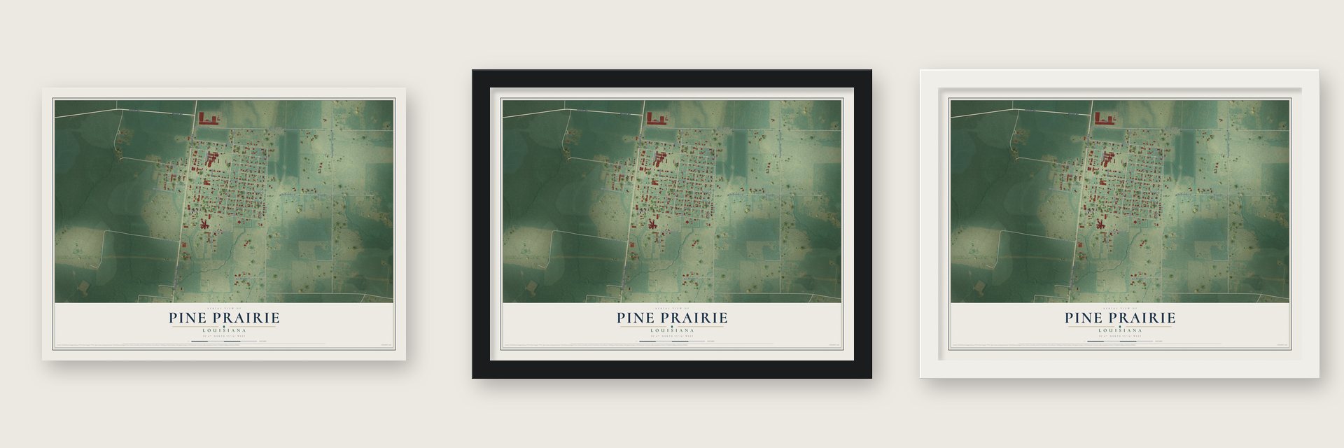 Pine Prairie, Louisiana map unframed, in a black wood frame and in a white wood frame