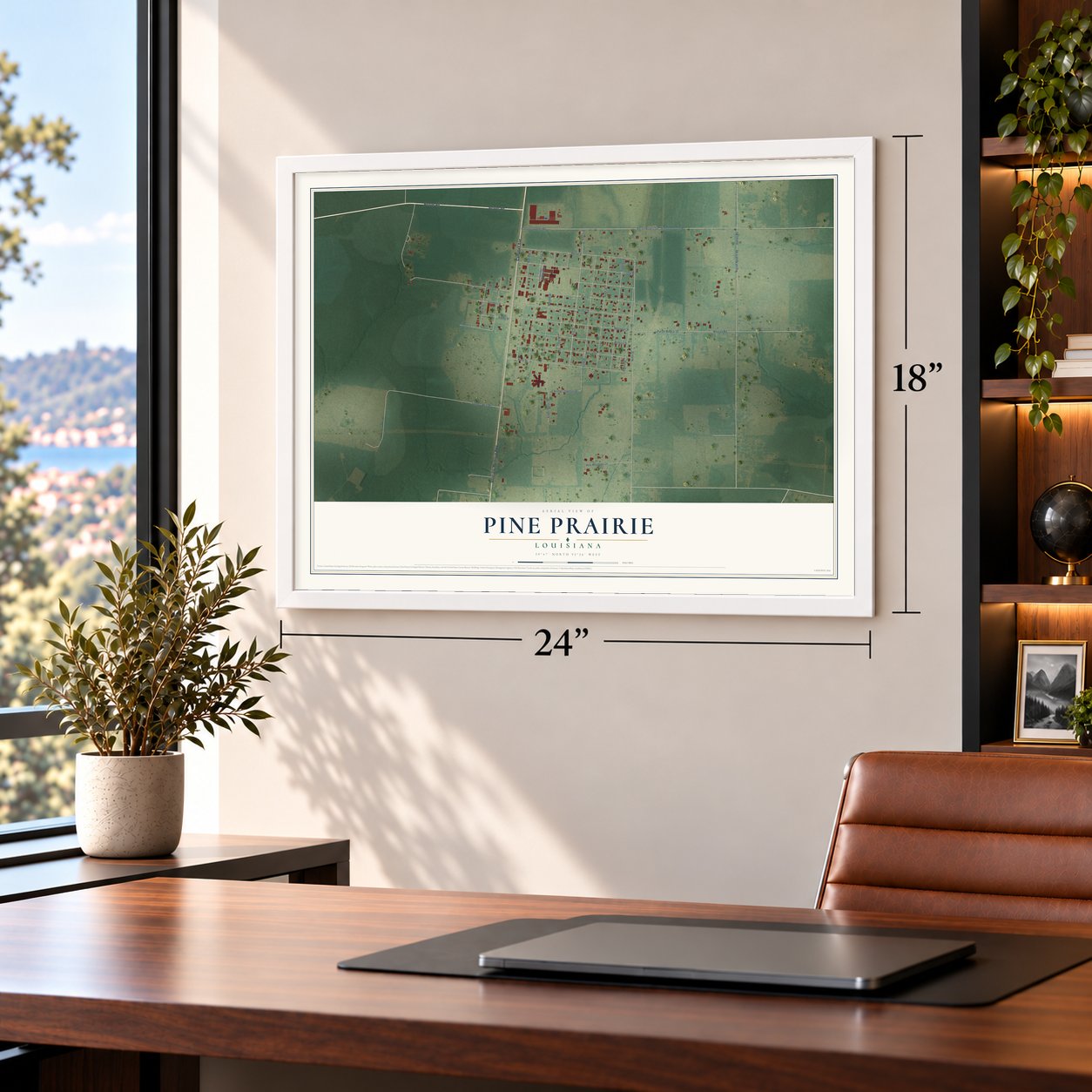 Pine Prairie, Louisiana map, 18 x 24 inch print in a white frame in a home office