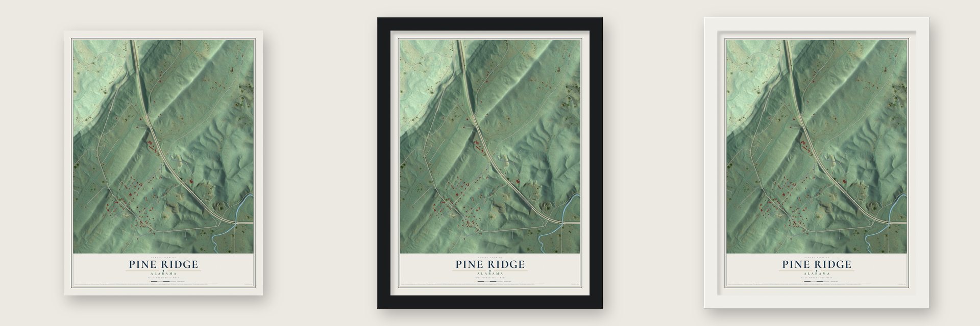 Pine Ridge, Alabama map unframed, in a black wood frame and in a white wood frame