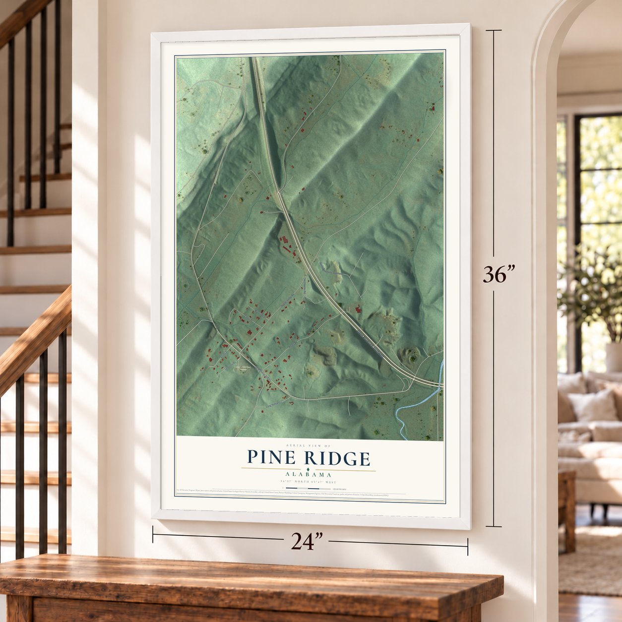 Pine Ridge, Alabama map, 24 x 36 inch print in a white frame by a staircase