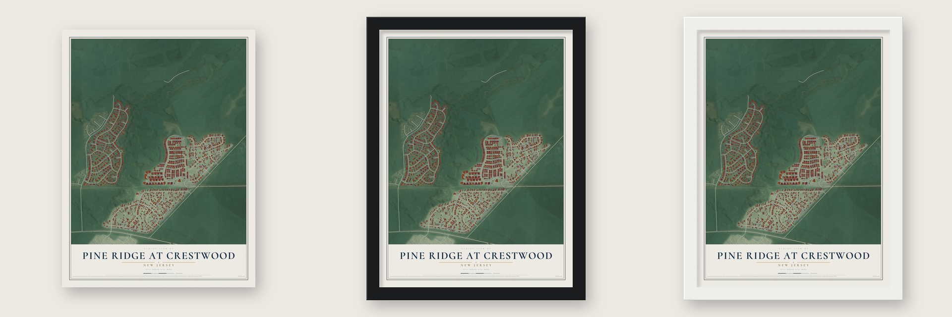 Pine Ridge at Crestwood, New Jersey map unframed, in a black wood frame and in a white wood frame