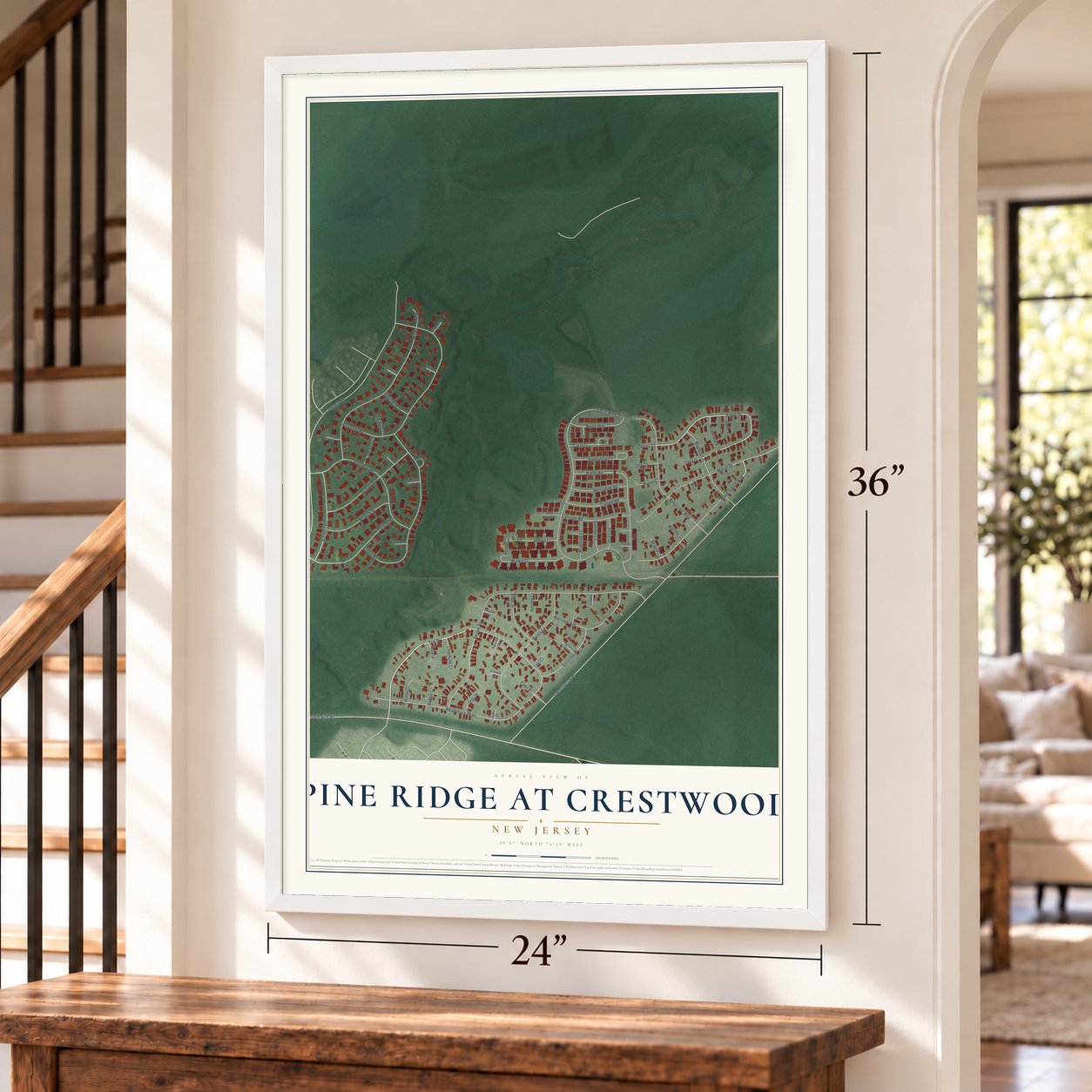Pine Ridge at Crestwood, New Jersey map, 24 x 36 inch print in a white frame by a staircase