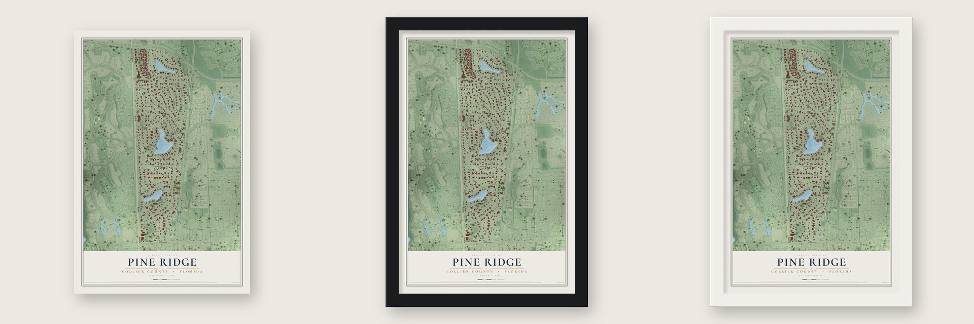 Pine Ridge, Collier County, Florida map unframed, in a black wood frame and in a white wood frame