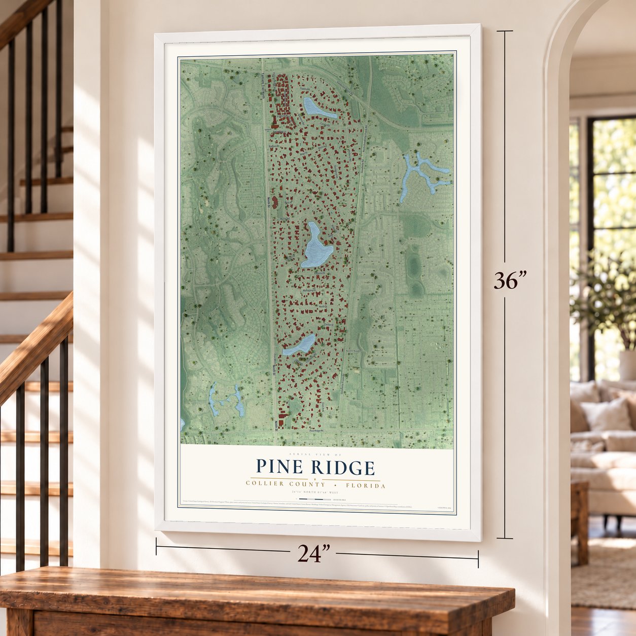 Pine Ridge, Collier County, Florida map, 24 x 36 inch print in a white frame by a staircase