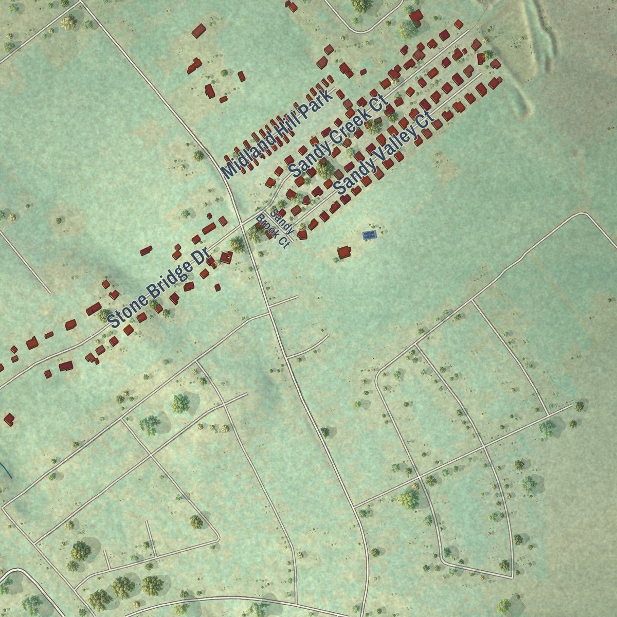 Second close-up of the map of Pine Ridge, South Carolina print showing more streets and buildings