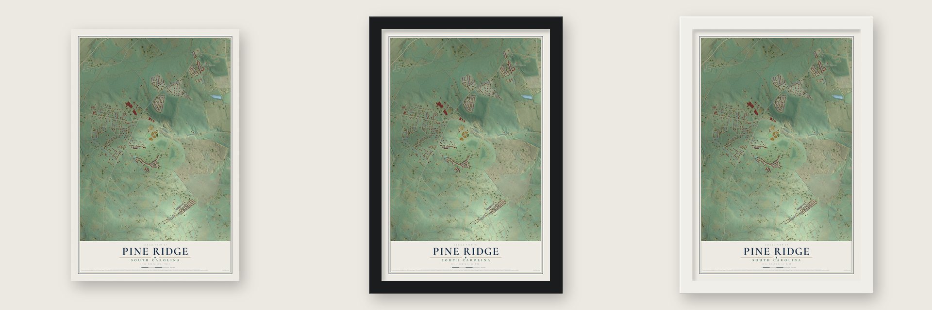 Pine Ridge, South Carolina map unframed, in a black wood frame and in a white wood frame