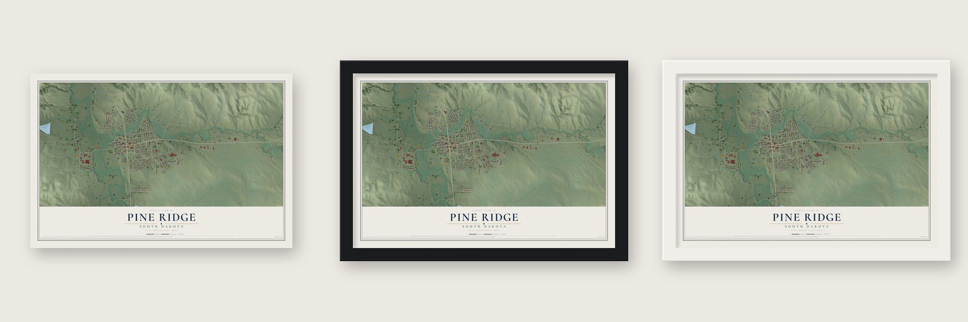 Pine Ridge, South Dakota map unframed, in a black wood frame and in a white wood frame