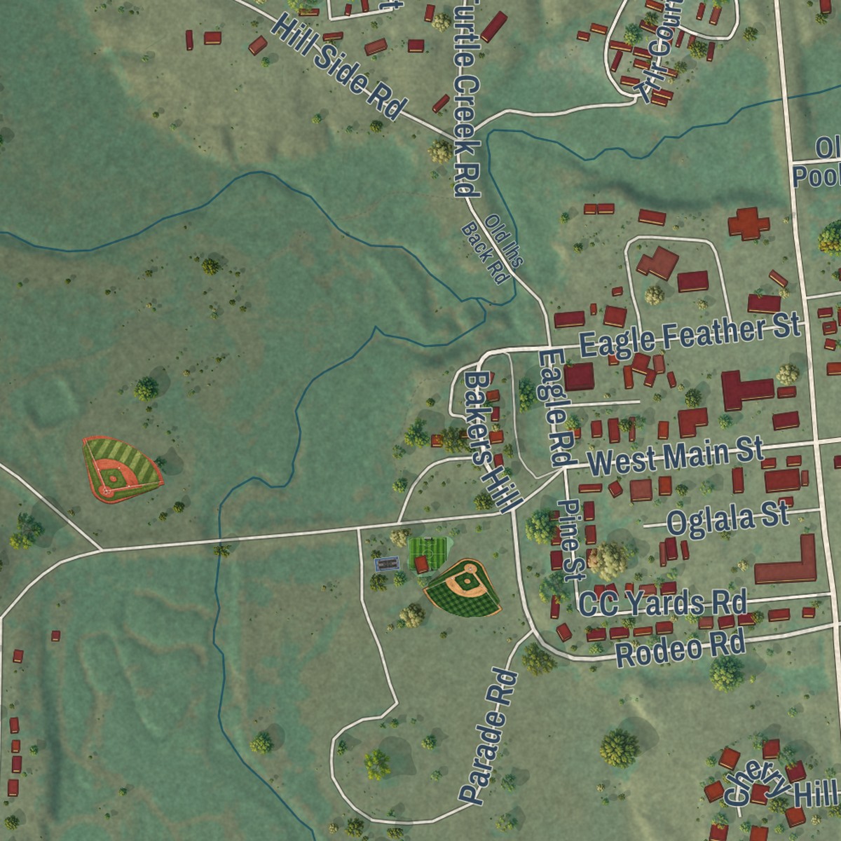 Second close-up of the map of Pine Ridge, South Dakota print showing more streets and buildings