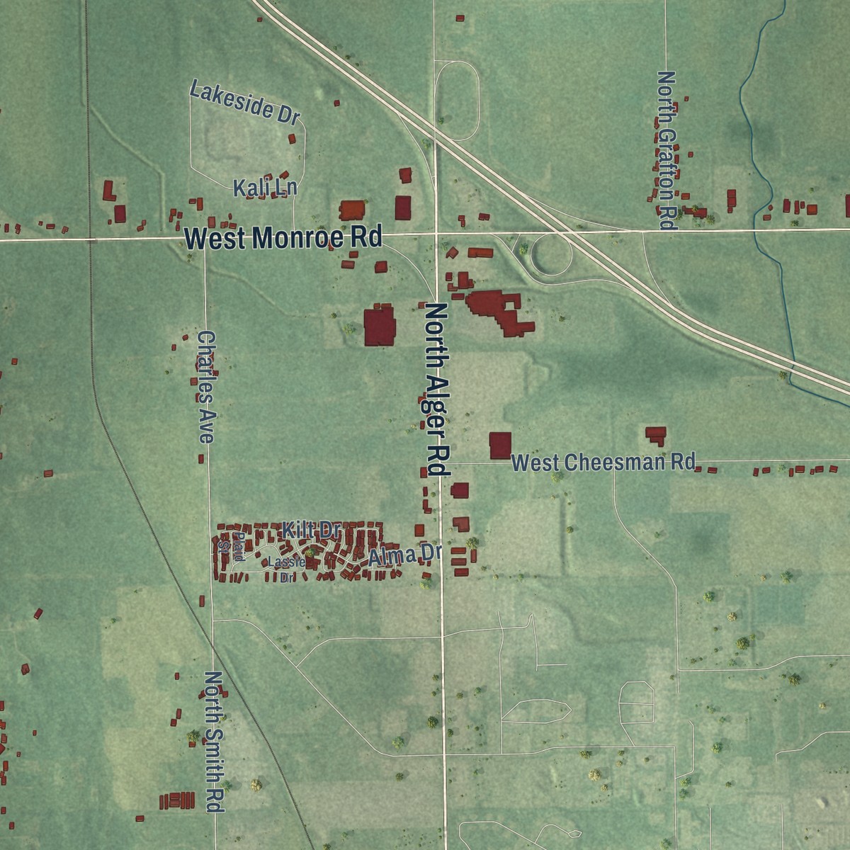 Second close-up of the map of Pine River, Michigan print showing more streets and buildings