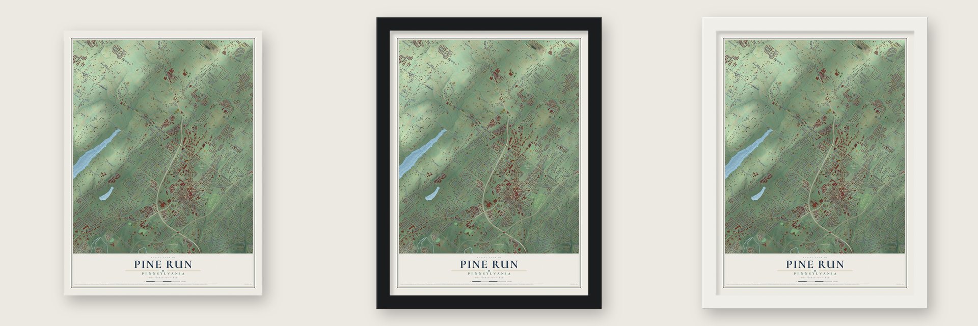 Pine Run, Bucks County, Pennsylvania map unframed, in a black wood frame and in a white wood frame