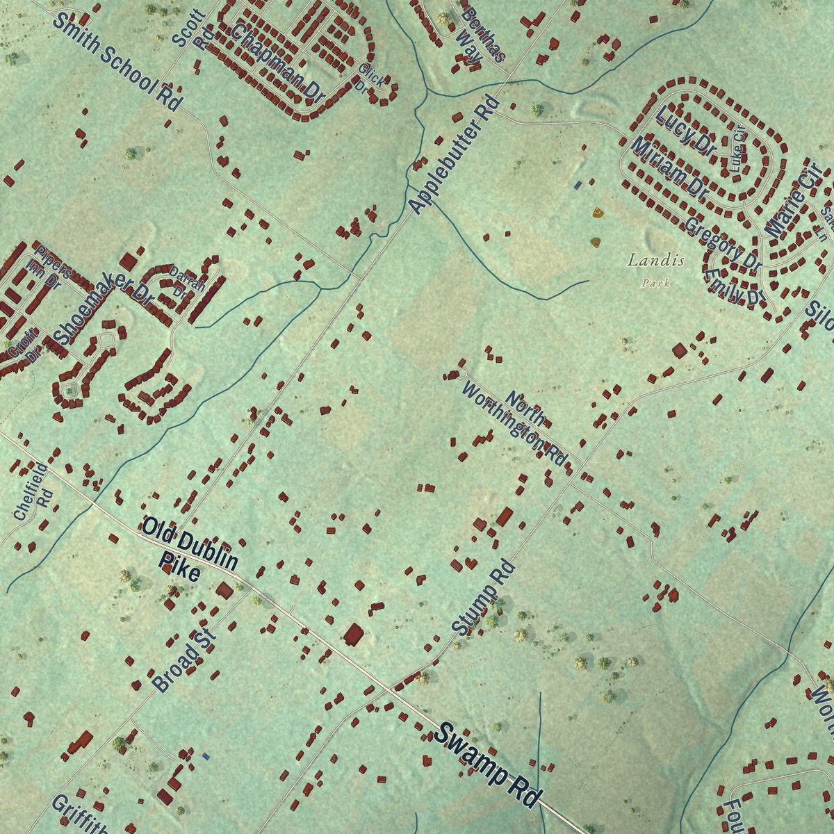 Second close-up of the map of Pine Run, Bucks County, Pennsylvania print showing more streets and buildings