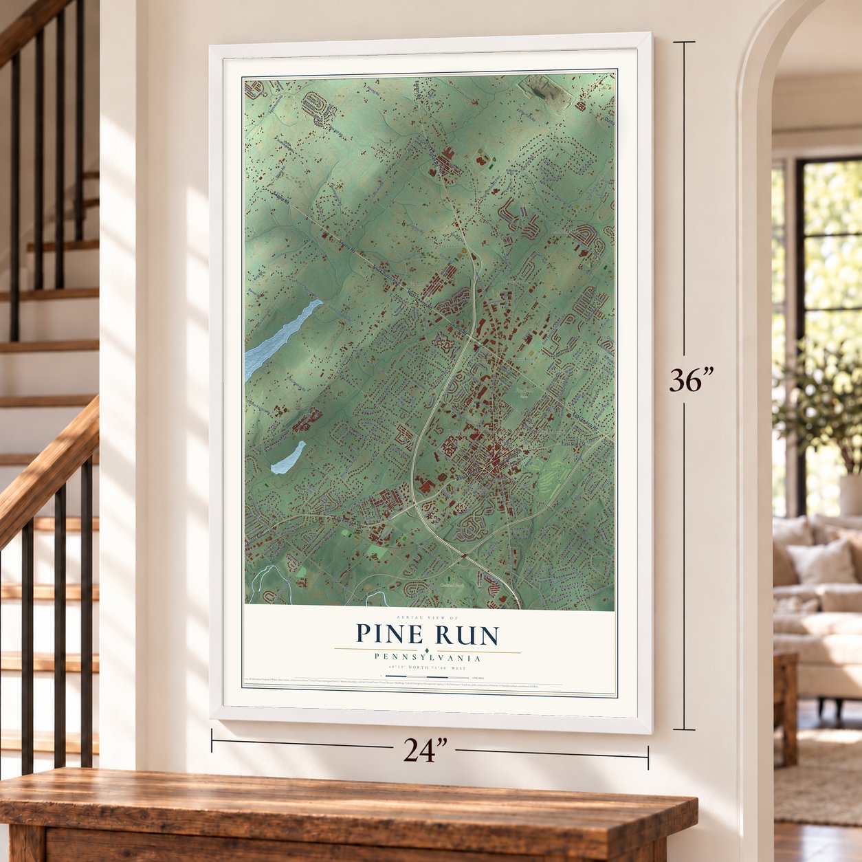 Pine Run, Bucks County, Pennsylvania map, 24 x 36 inch print in a white frame by a staircase