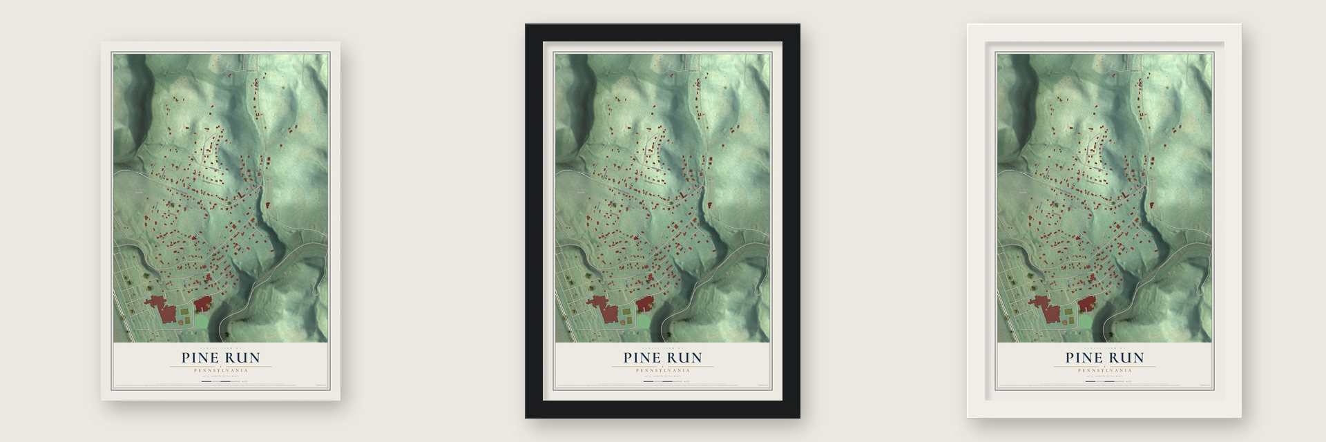 Pine Run, Pennsylvania map unframed, in a black wood frame and in a white wood frame