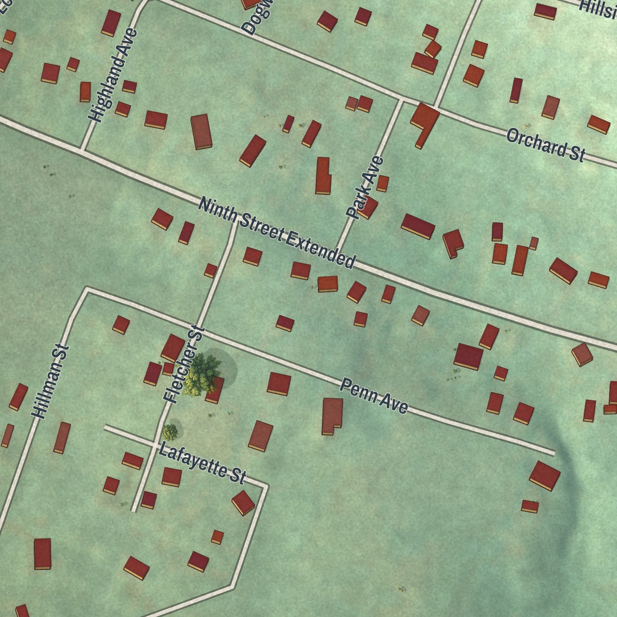 Second close-up of the map of Pine Run, Pennsylvania print showing more streets and buildings