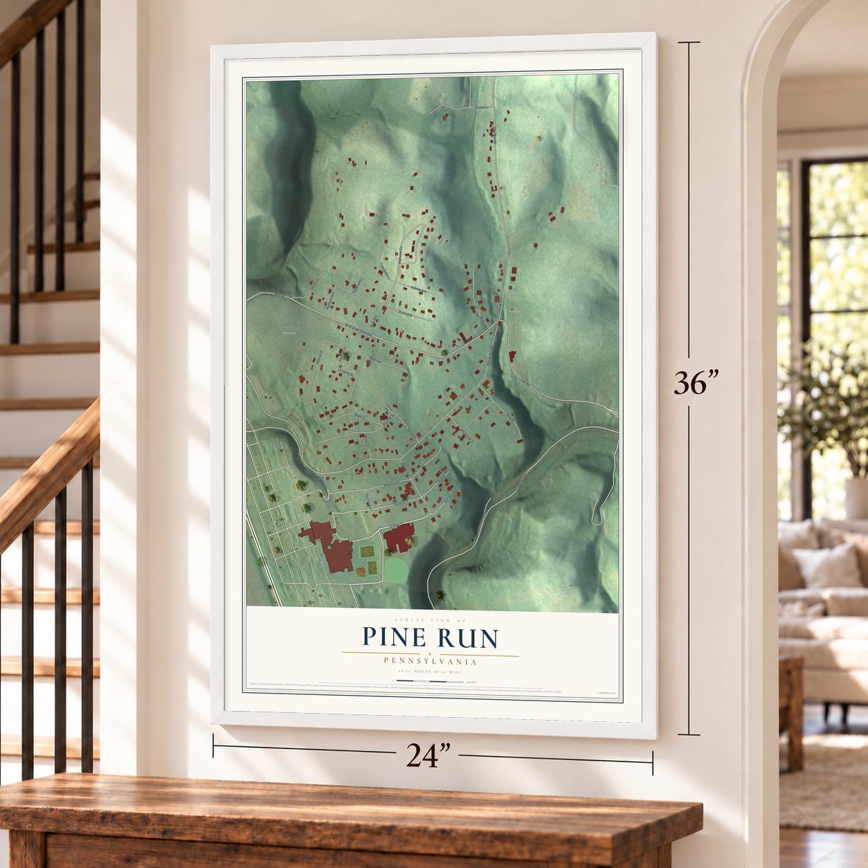 Pine Run, Pennsylvania map, 24 x 36 inch print in a white frame by a staircase