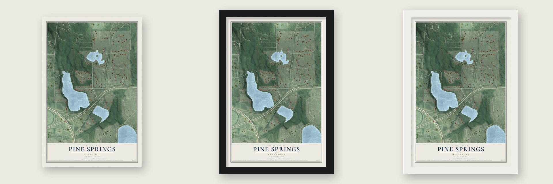 Pine Springs, Minnesota map unframed, in a black wood frame and in a white wood frame