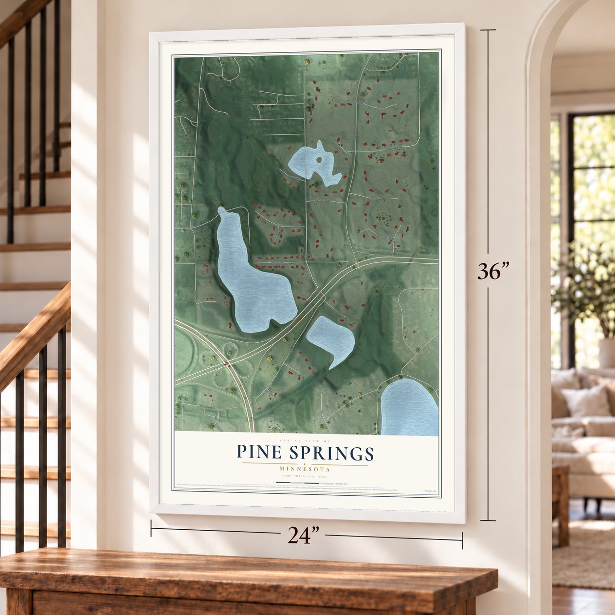 Pine Springs, Minnesota map, 24 x 36 inch print in a white frame by a staircase