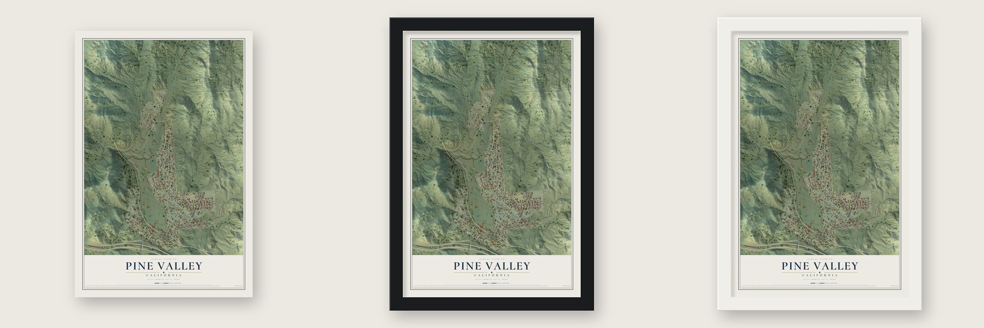 Pine Valley, California map unframed, in a black wood frame and in a white wood frame