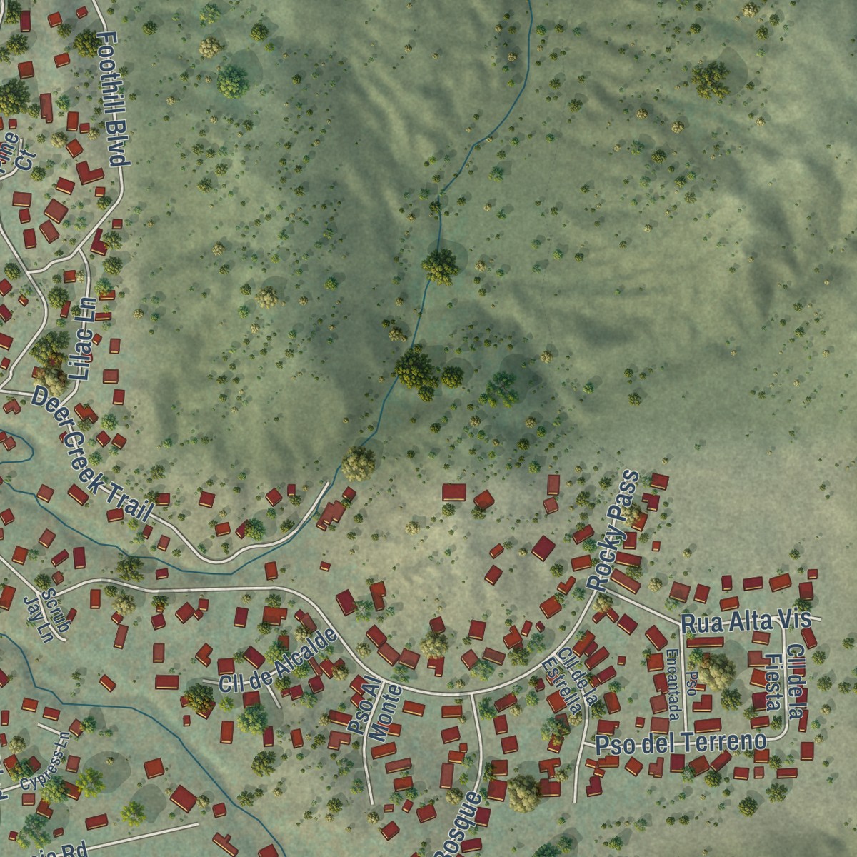 Second close-up of the map of Pine Valley, California print showing more streets and buildings