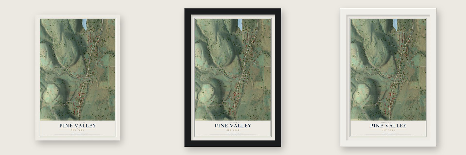 Pine Valley, New York map unframed, in a black wood frame and in a white wood frame