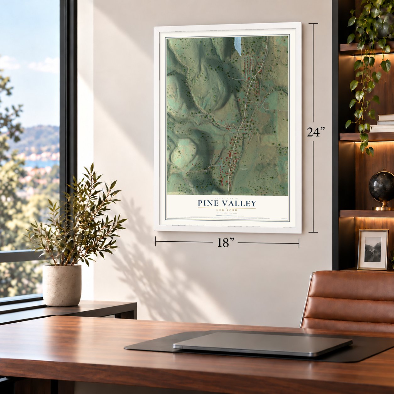 Pine Valley, New York map, 18 x 24 inch print in a white frame in a home office