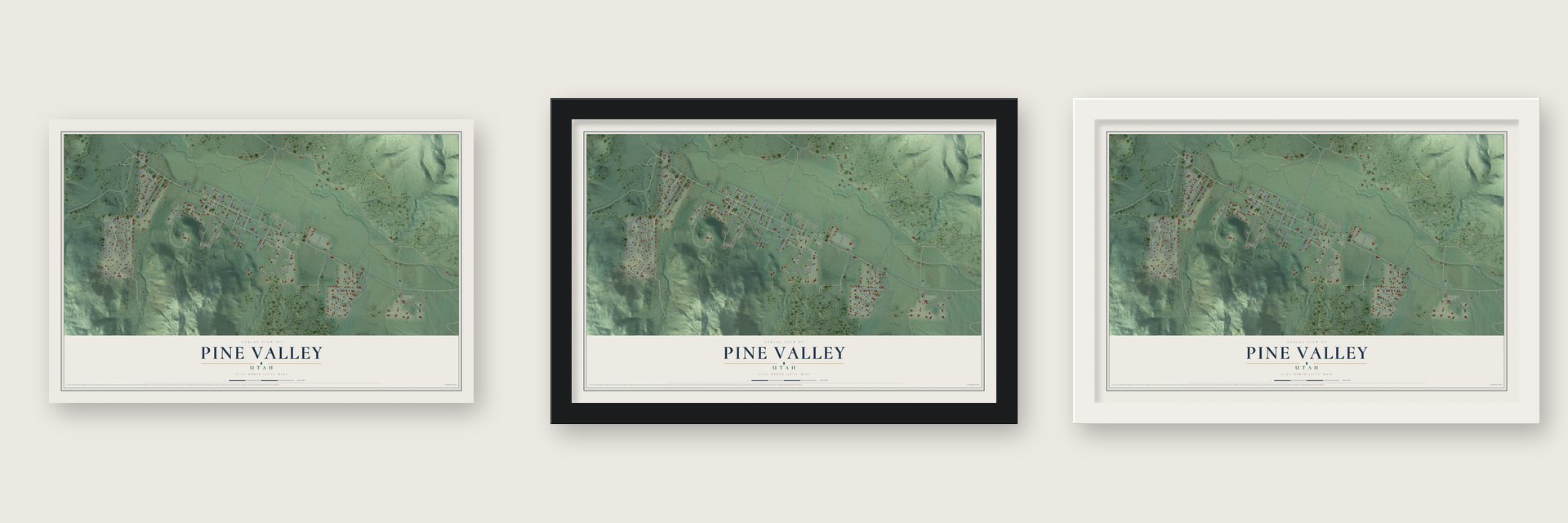 Pine Valley, Utah map unframed, in a black wood frame and in a white wood frame