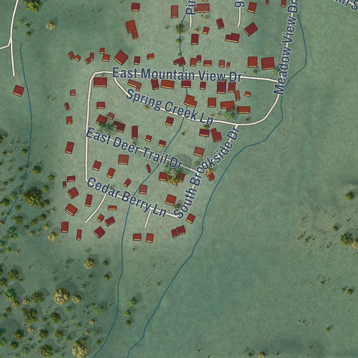 Second close-up of the map of Pine Valley, Utah print showing more streets and buildings