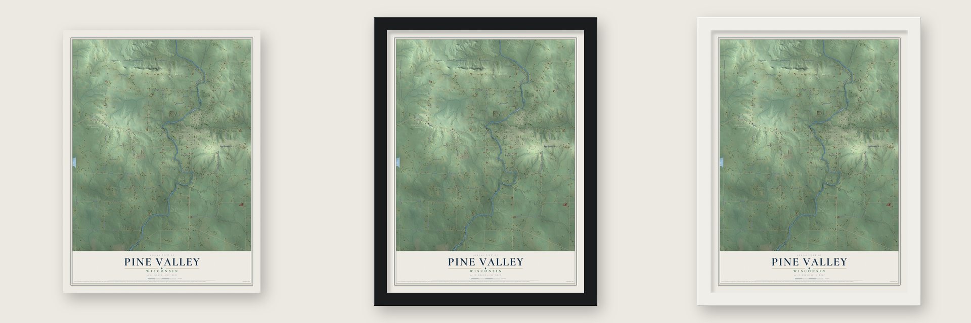 Pine Valley, Wisconsin map unframed, in a black wood frame and in a white wood frame