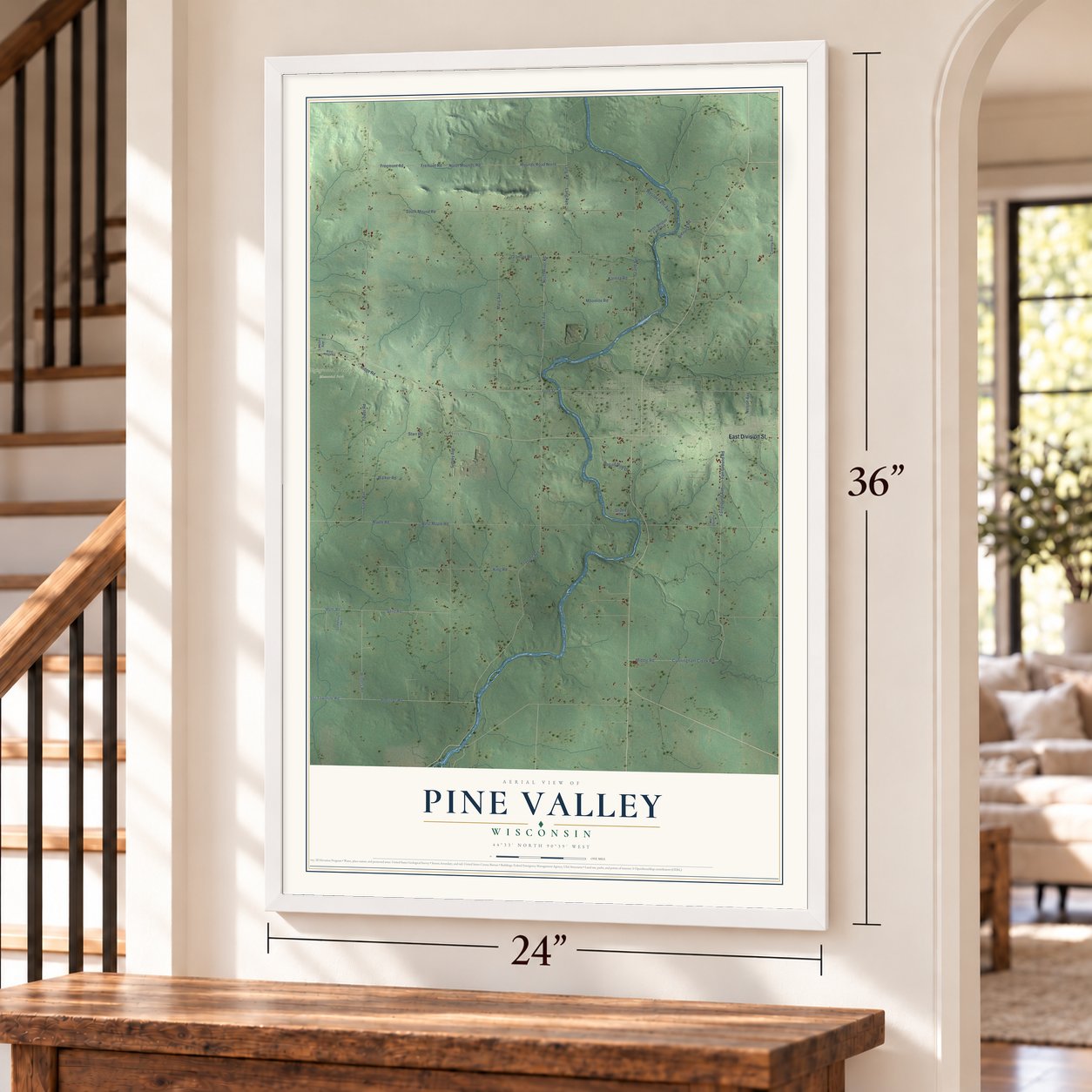 Pine Valley, Wisconsin map, 24 x 36 inch print in a white frame by a staircase