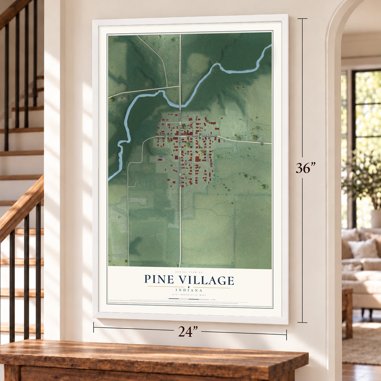Pine Village, Indiana map, 24 x 36 inch print in a white frame by a staircase