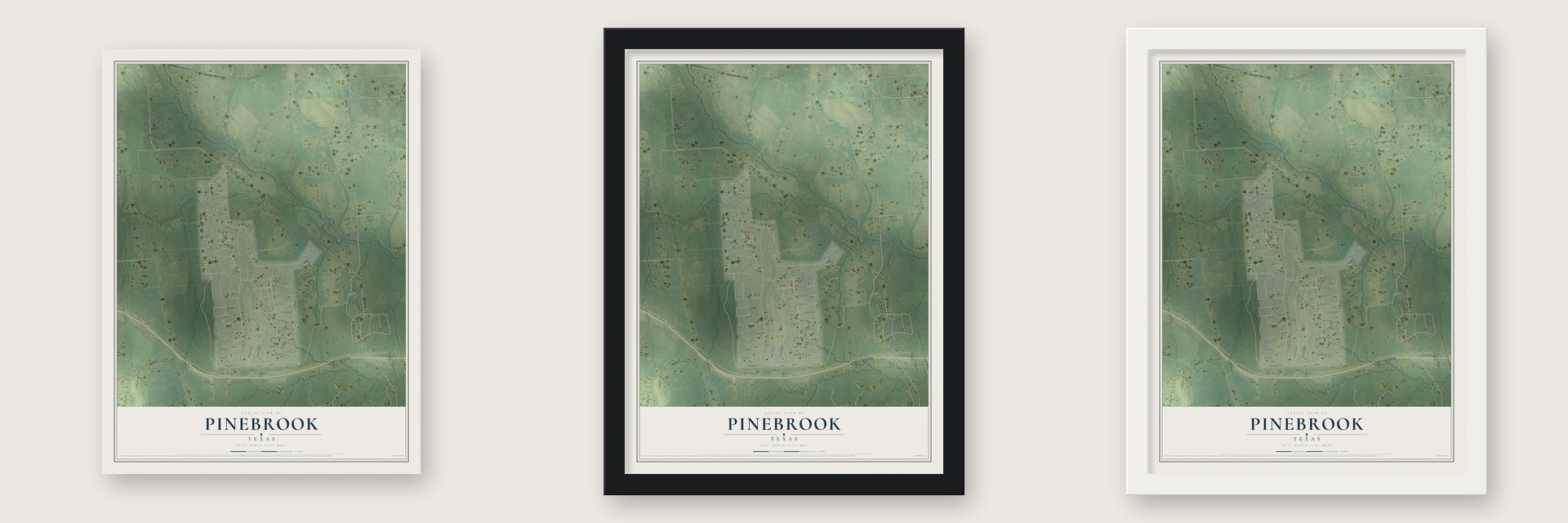 Pinebrook, Texas map unframed, in a black wood frame and in a white wood frame
