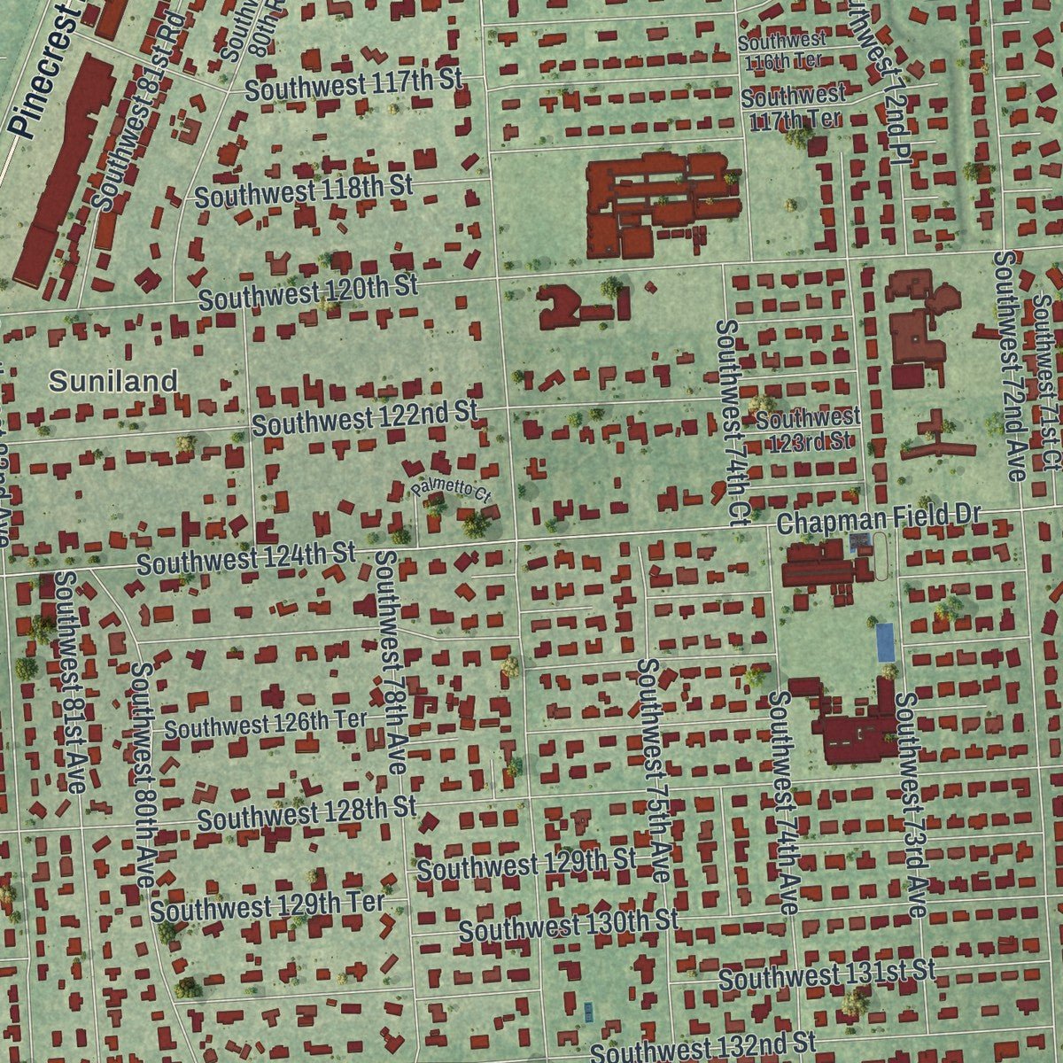 Second close-up of the map of Pinecrest, Florida print showing more streets and buildings