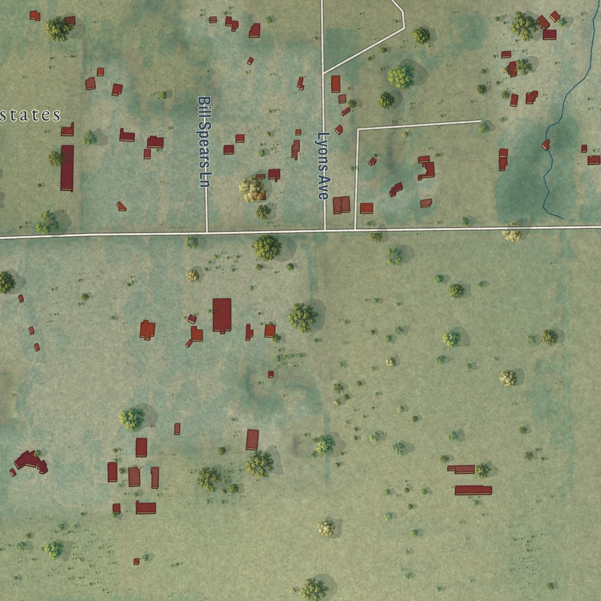 Second close-up of the map of Pinecrest, Hillsborough County, Florida print showing more streets and buildings