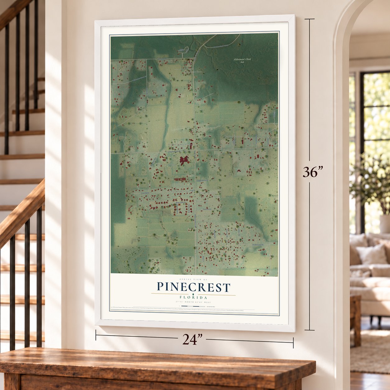 Pinecrest, Hillsborough County, Florida map, 24 x 36 inch print in a white frame by a staircase