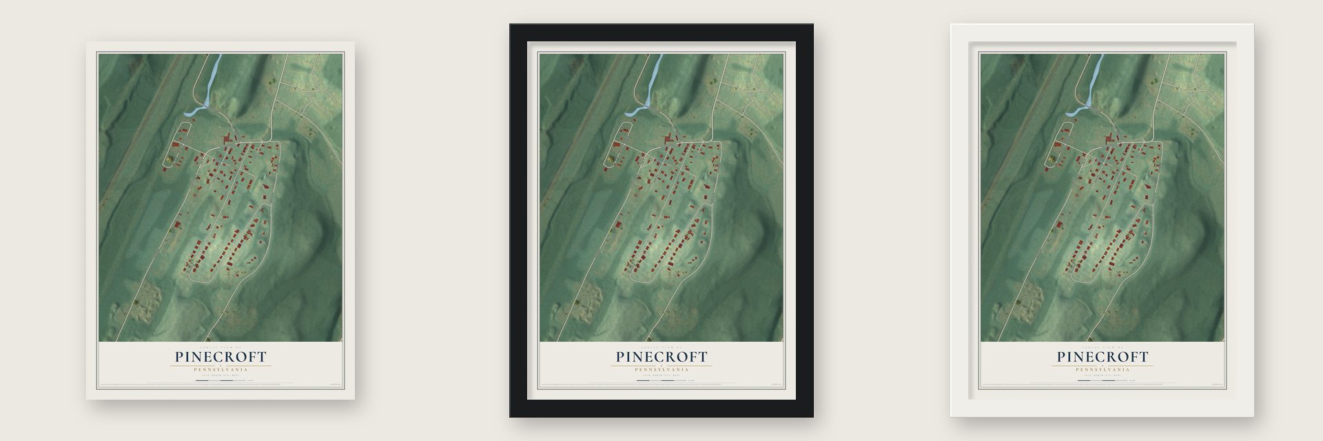 Pinecroft, Pennsylvania map unframed, in a black wood frame and in a white wood frame