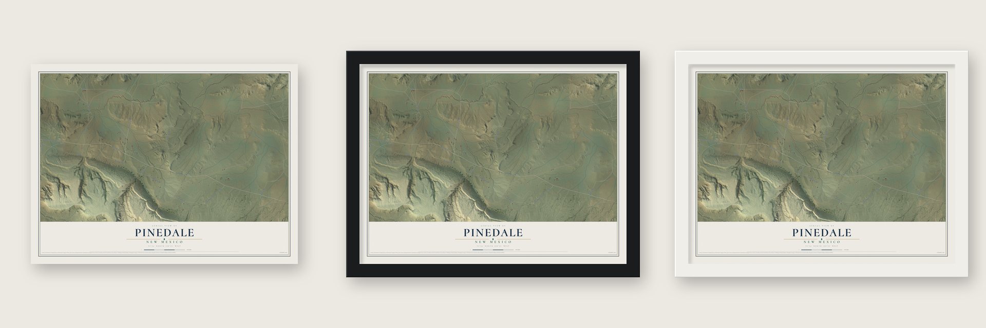 Pinedale, New Mexico map unframed, in a black wood frame and in a white wood frame