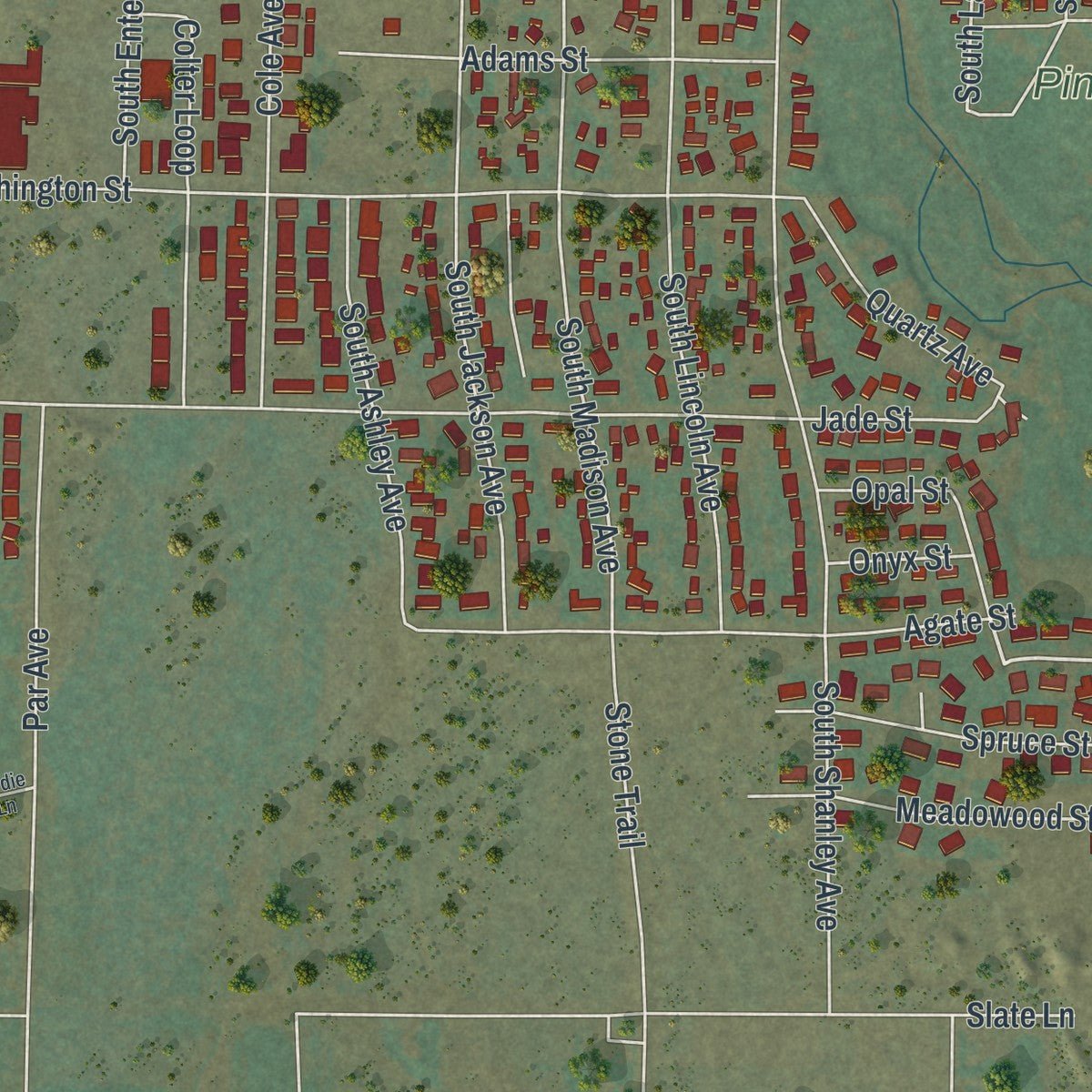 Second close-up of the map of Pinedale, Wyoming print showing more streets and buildings