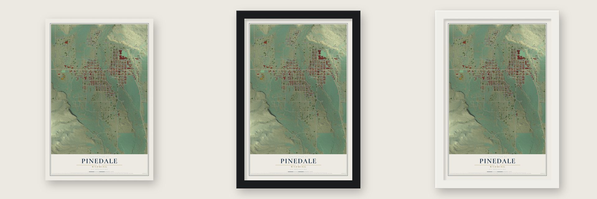 Pinedale, Wyoming map unframed, in a black wood frame and in a white wood frame