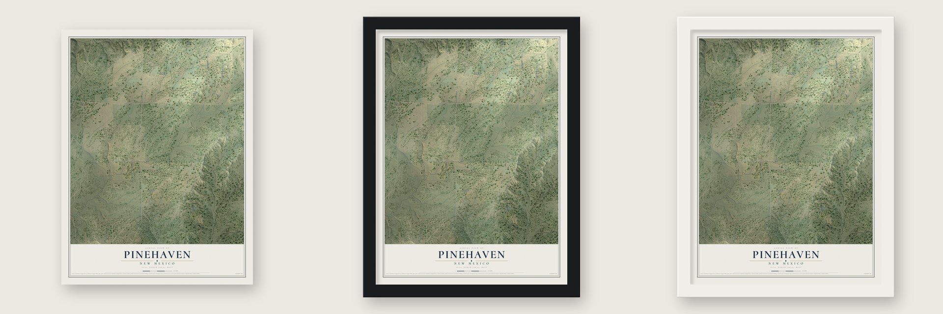 Pinehaven, New Mexico map unframed, in a black wood frame and in a white wood frame