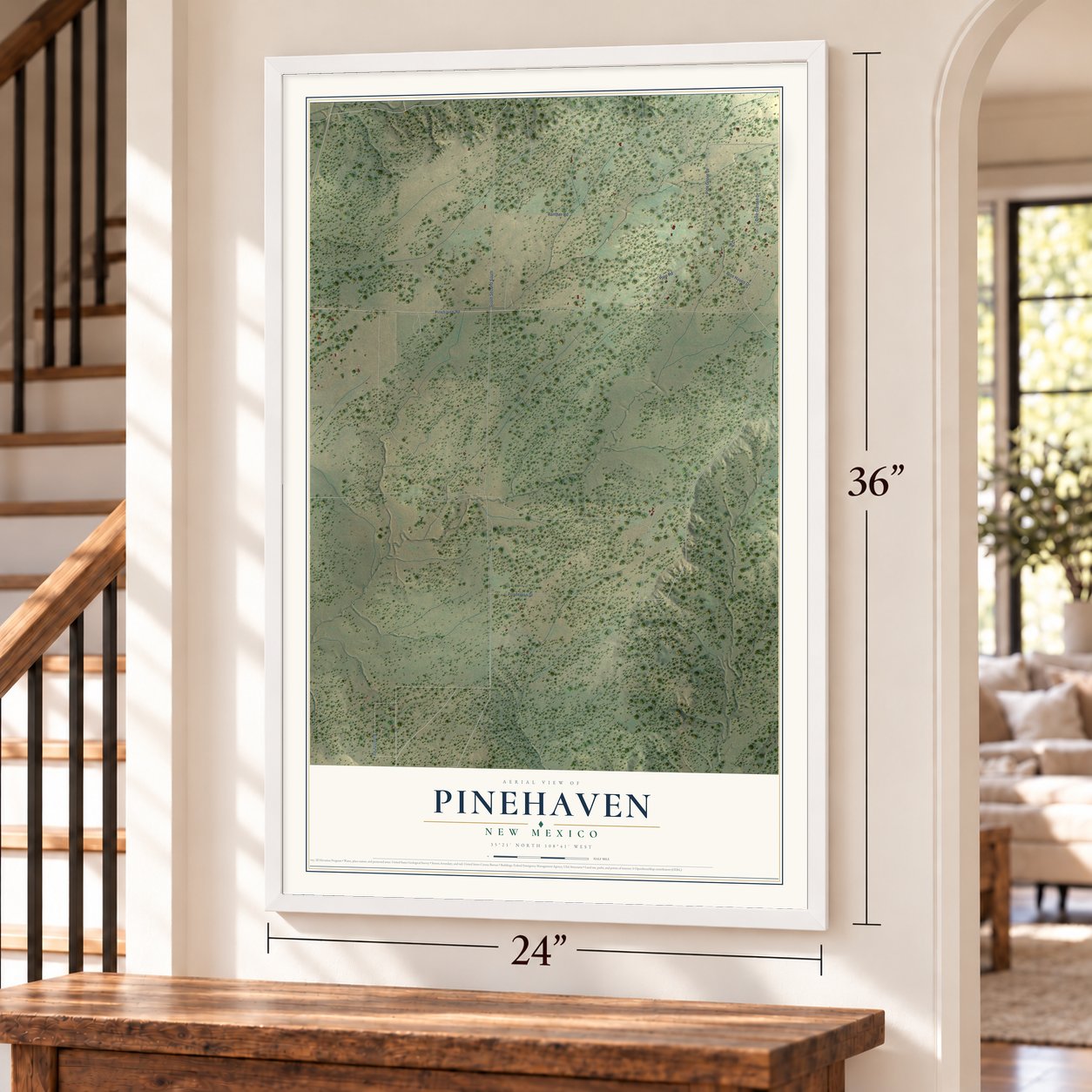 Pinehaven, New Mexico map, 24 x 36 inch print in a white frame by a staircase