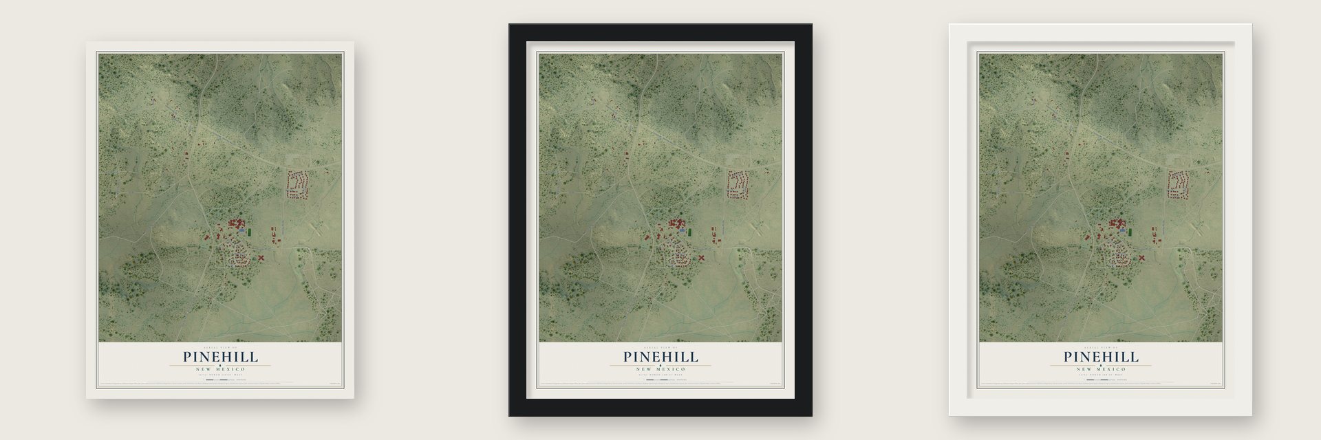Pinehill, New Mexico map unframed, in a black wood frame and in a white wood frame