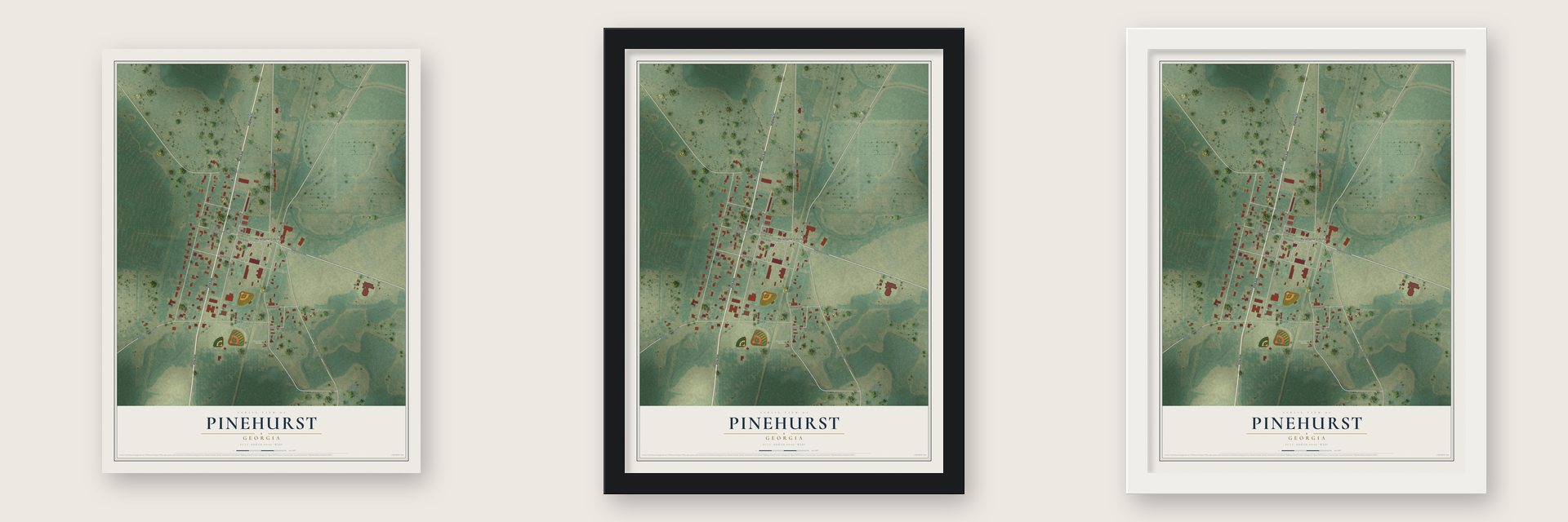 Pinehurst, Georgia map unframed, in a black wood frame and in a white wood frame