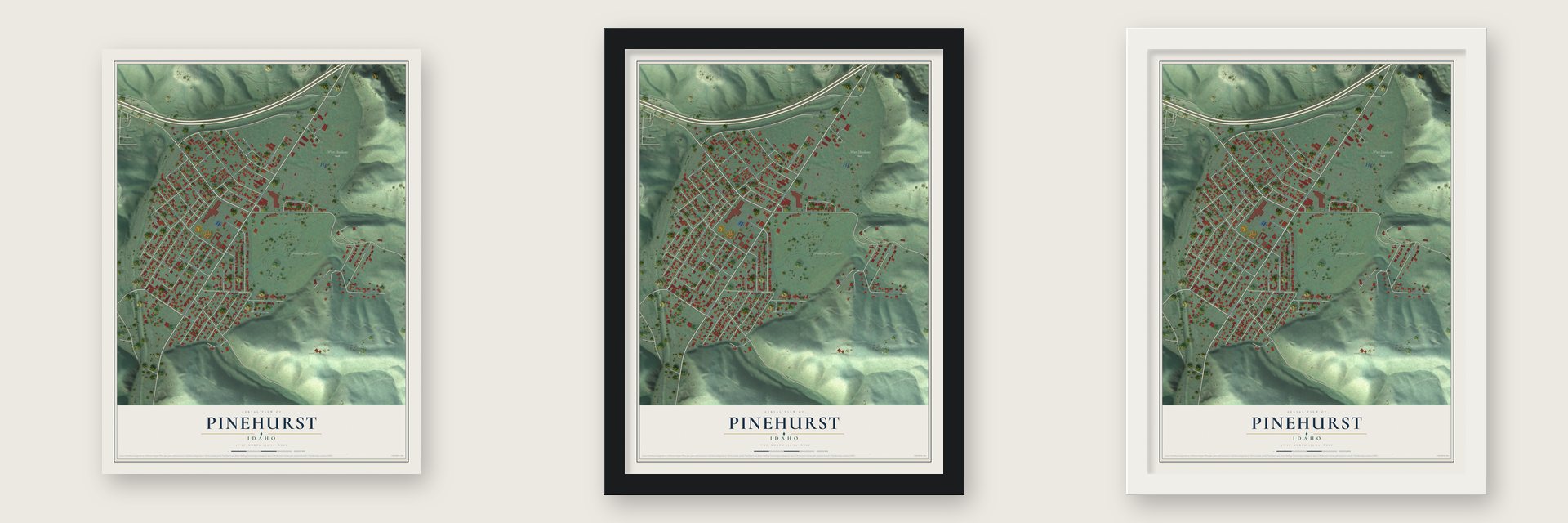 Pinehurst, Idaho map unframed, in a black wood frame and in a white wood frame