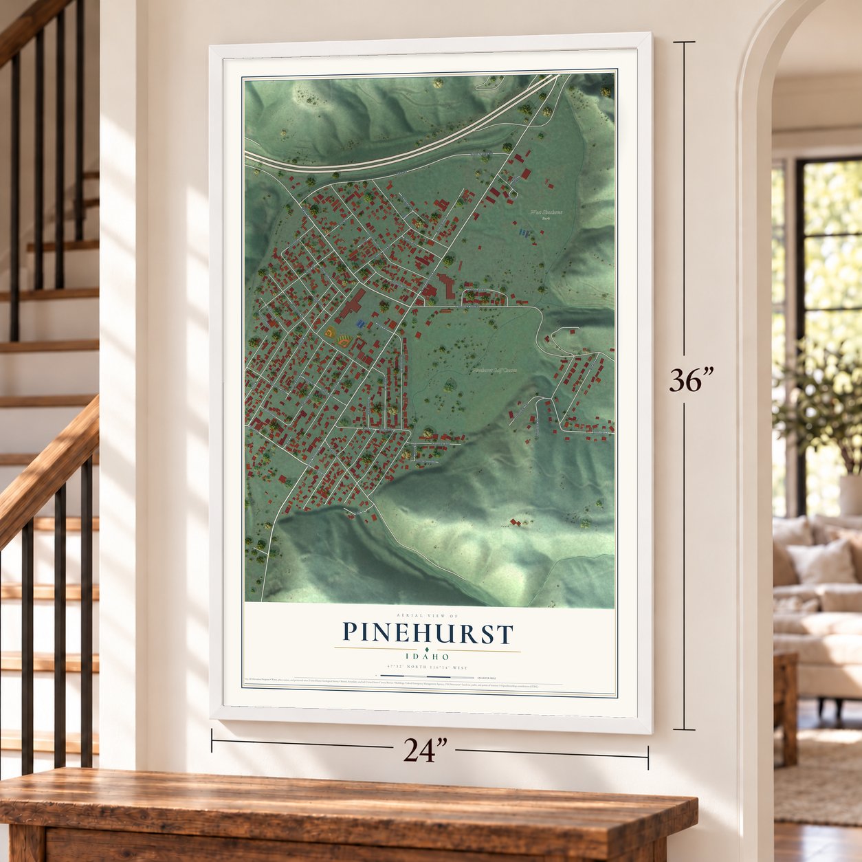 Pinehurst, Idaho map, 24 x 36 inch print in a white frame by a staircase