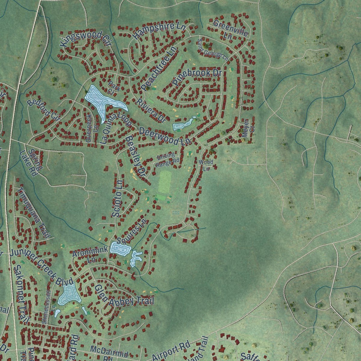 Second close-up of the map of Pinehurst, North Carolina print showing more streets and buildings
