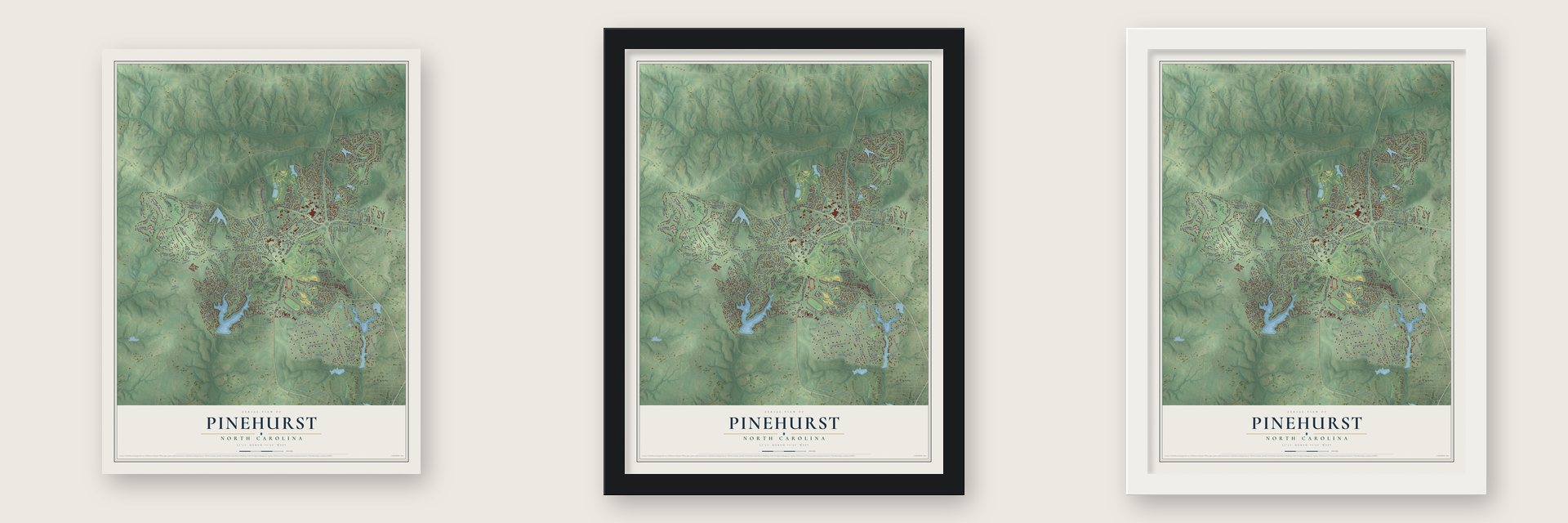 Pinehurst, North Carolina map unframed, in a black wood frame and in a white wood frame