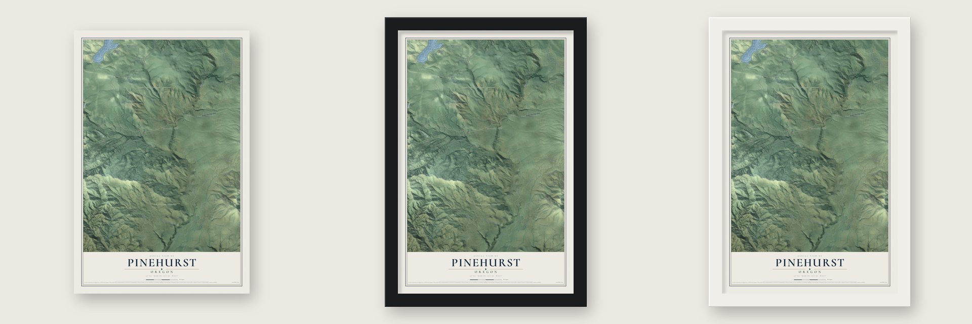 Pinehurst, Oregon map unframed, in a black wood frame and in a white wood frame