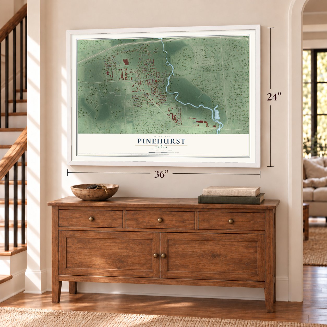 Pinehurst, Texas map, 24 x 36 inch print in a white frame above a dresser by a staircase