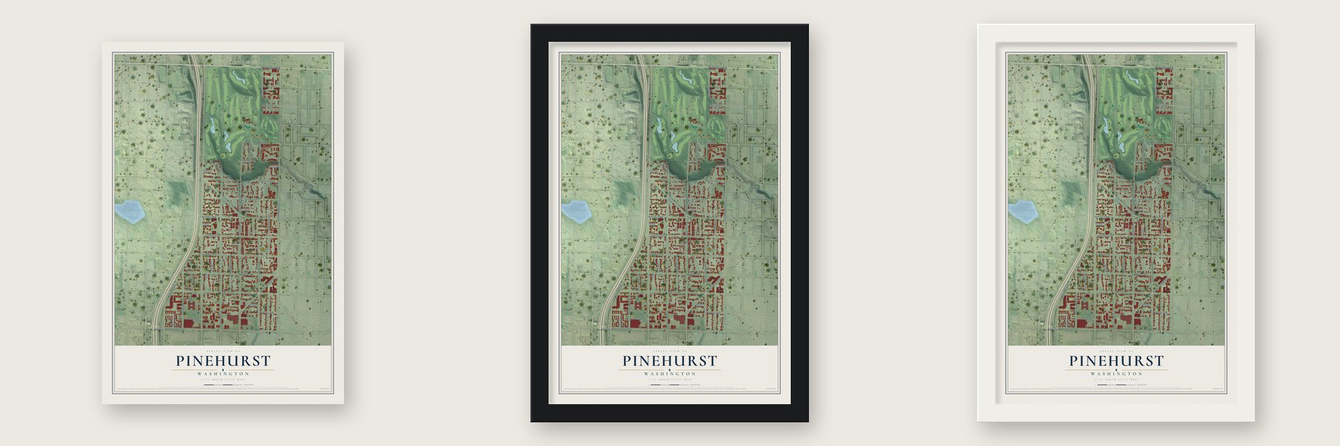 Pinehurst, Washington map unframed, in a black wood frame and in a white wood frame